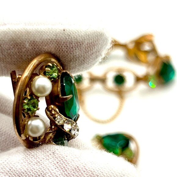 Juliana D&E Gold Light Dark Green Drop Rhinestone Cluster Bracelet Earrings Set - Picture 3 of 11